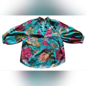 Ivy Jane Kantha Women Sz XS Multicolor Tropical Floral Embroidered Stitching Top